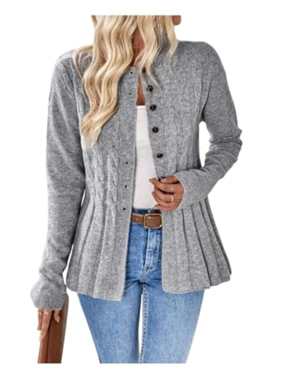 Women's Button Down Cable Knit Cardigan Long Sleeve Crewneck Casual Sweater